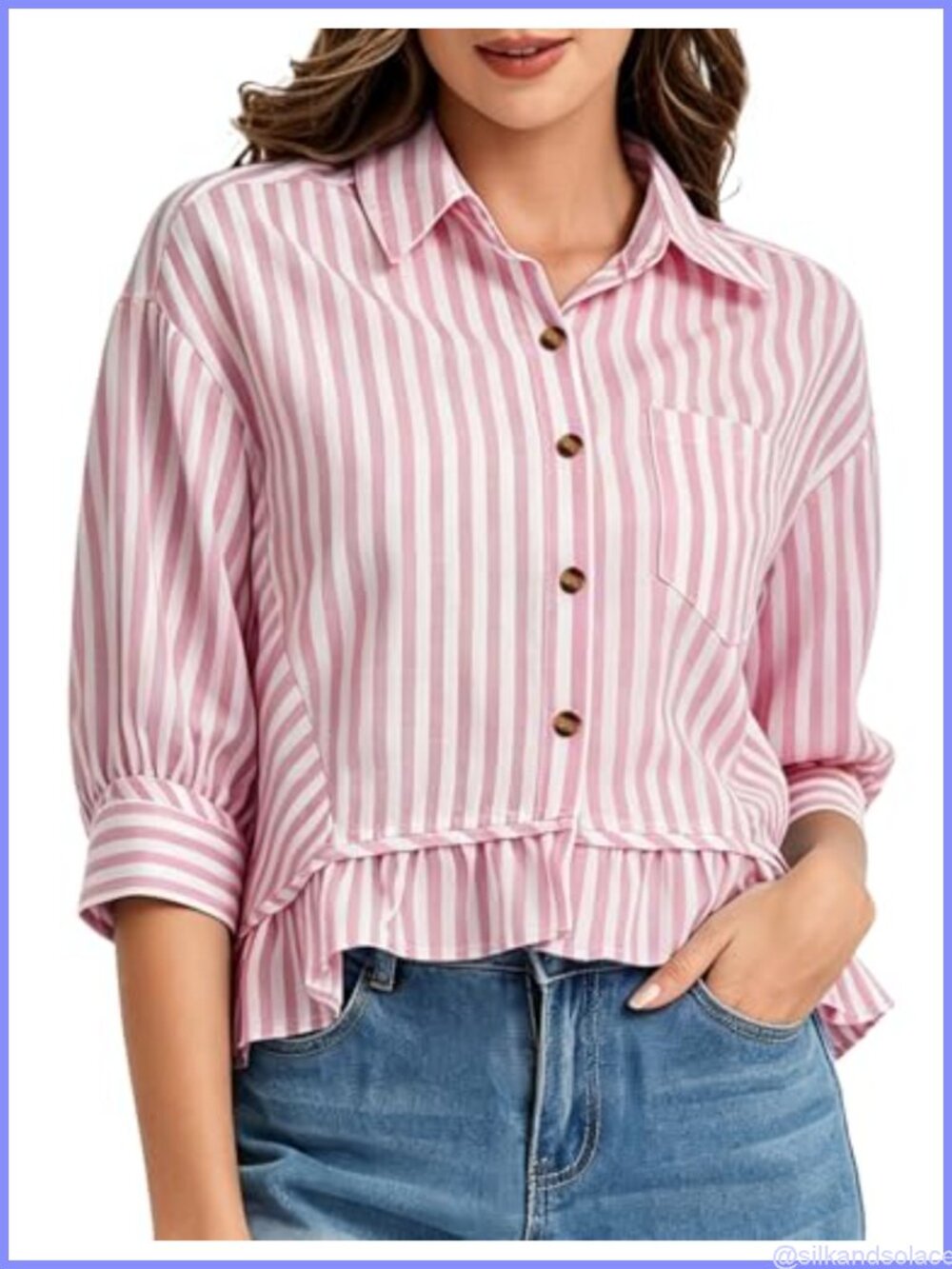 Womens Striped Button Down Cotton Cropped Ruffle Hem 3/4 Sleeve Blouse